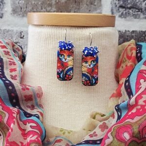 Colorful Cat Earrings with Blue Accents